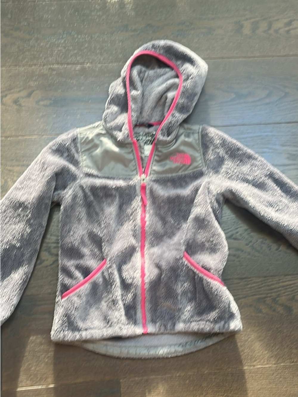 The North Face Kids Gray Fleece Hoodie with Pink Accents